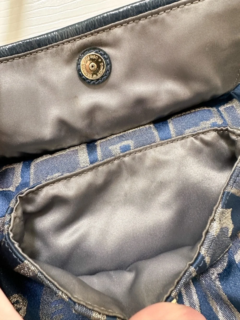 Coach Poppy Story Patch Bag Navy Metallic Gold Graffiti Satin 2Way